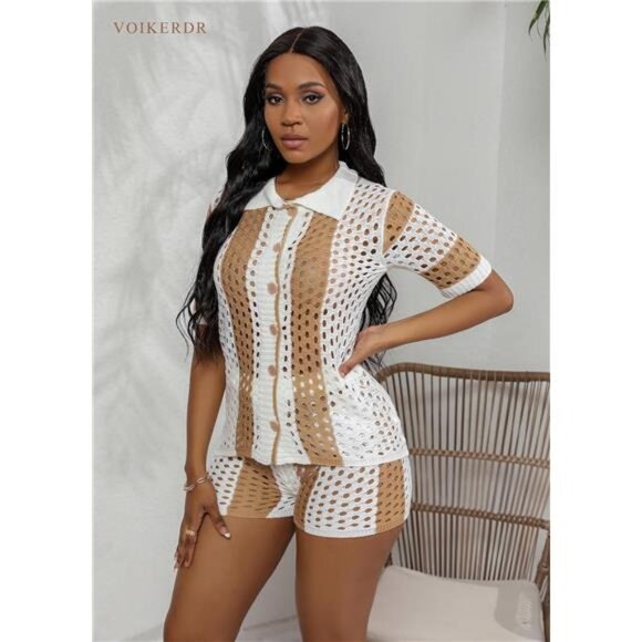 Women's 2-Piece Knitted Shorts Set -Beach Vacation Outfit, Short Sleeve Summer - Picture 2 of 7